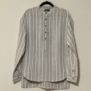 Zara Men's Black White Striped Band/Mandarin Collar‎ Linen Shirt Kurta Boho Sz M